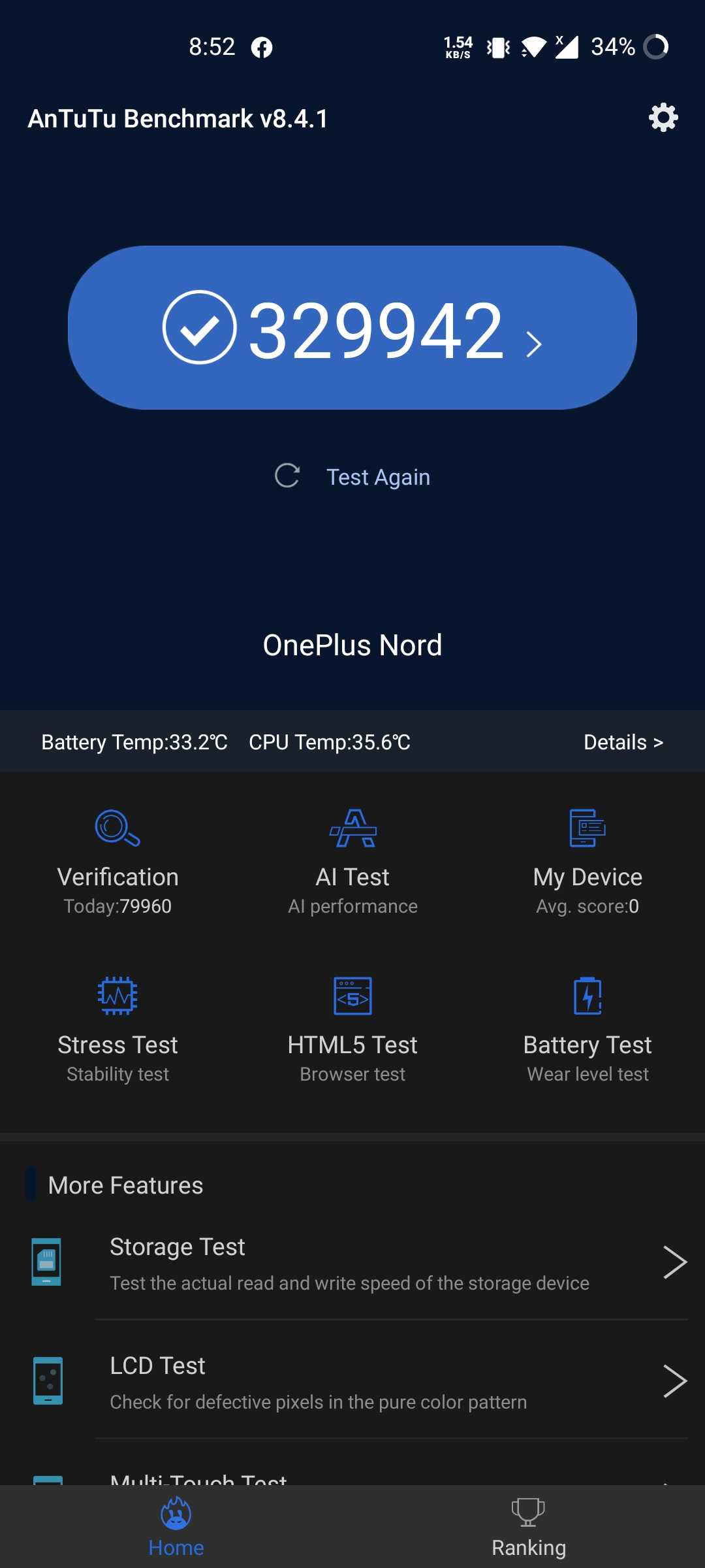 AnTuTu benchmark test on OnePlus Nord