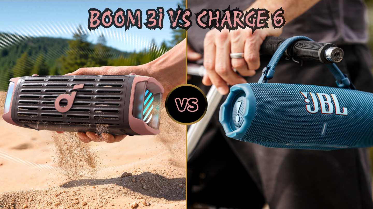 photo of jbl charge 6 and soundcore boom 3i speaker side by side