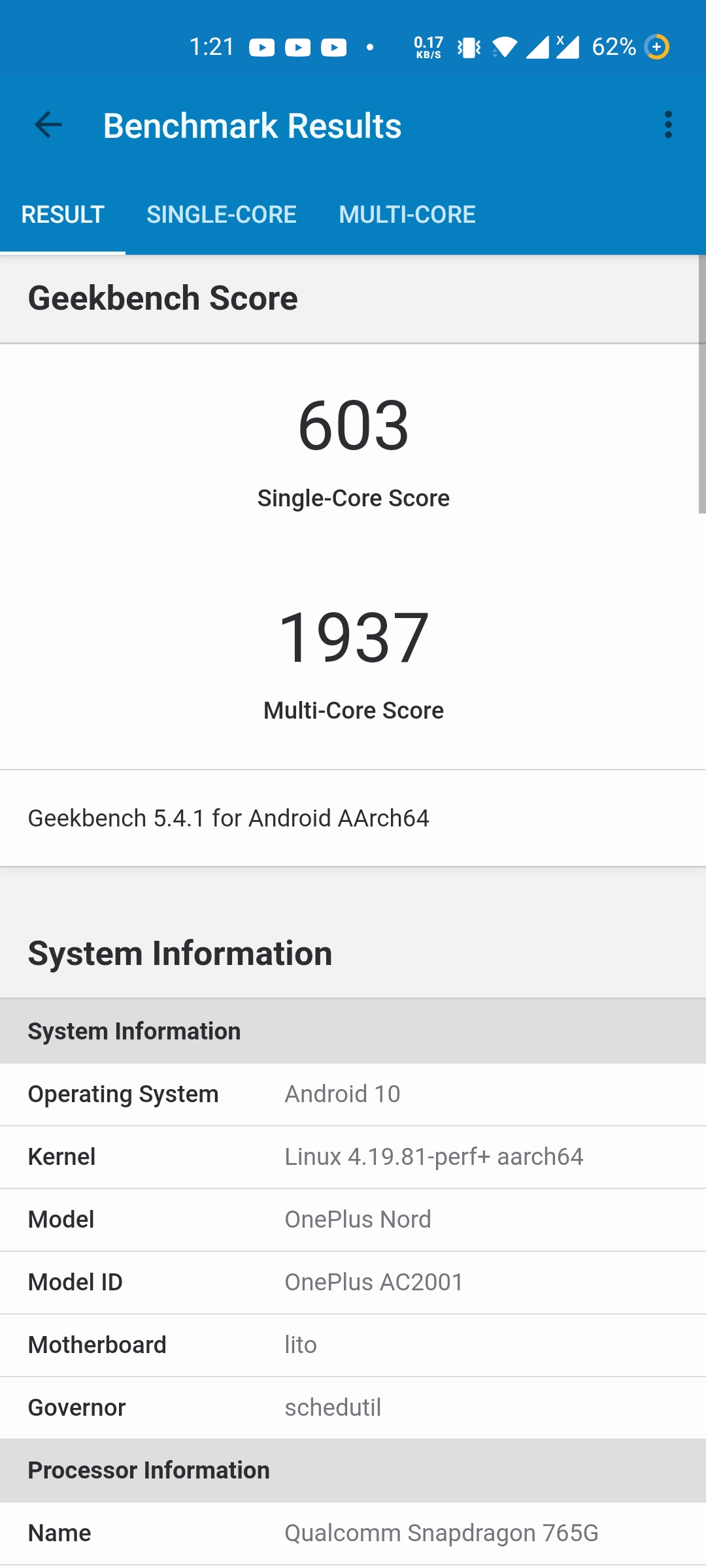 Geekbench 5 test on OnePlus Nord