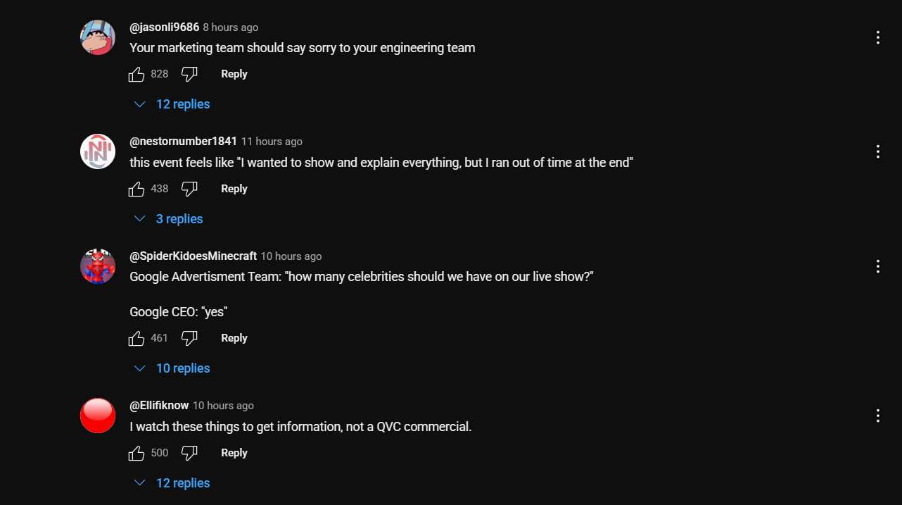 photo of the comments from the google pixel 10 launch video